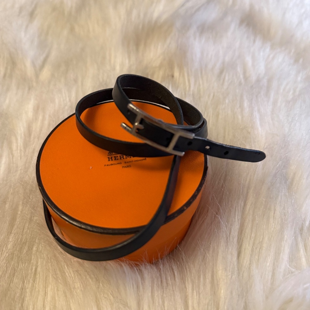 Hermes Behapi Double Tour Bracelet - Black leather/Silver buckle